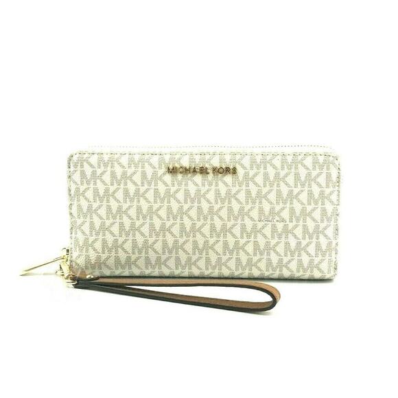 NWT Michael Kors Women Jet Set Travel Large Logo Continental Wristlet Natural-OS - Picture 1 of 1